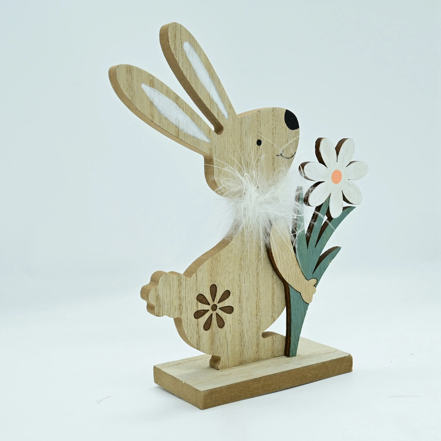 Easter Wood Rabbit Decoration Lovely Flower Bunny Statues with Base