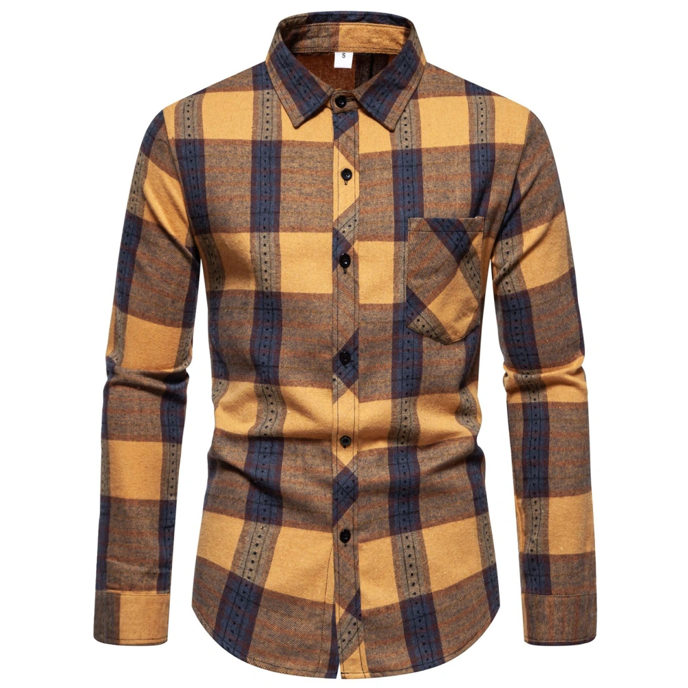 Men's Loose Fit Lapel Neck Button Down Long Sleeve Plaid Shirt 