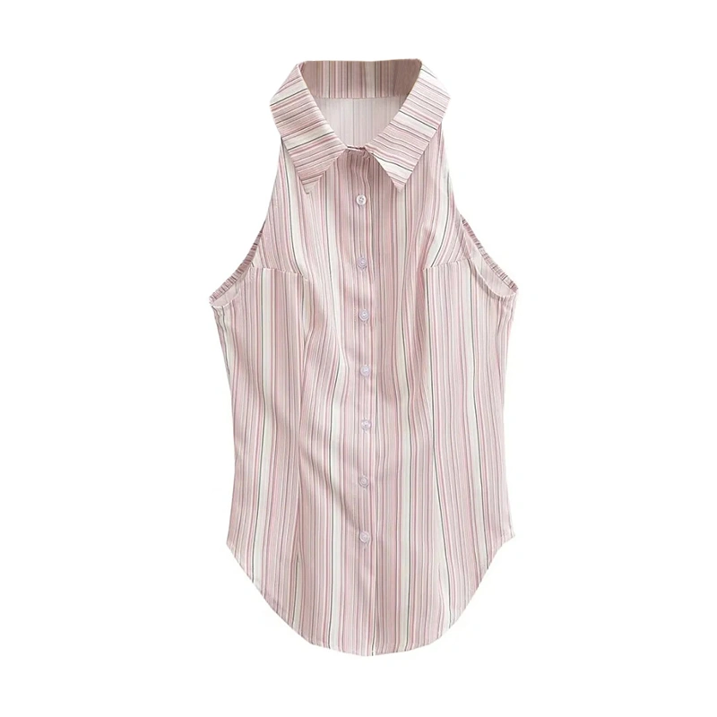 Women’s Striped Print Tank Tops Sleeveless Lapel Collar Button Shirts