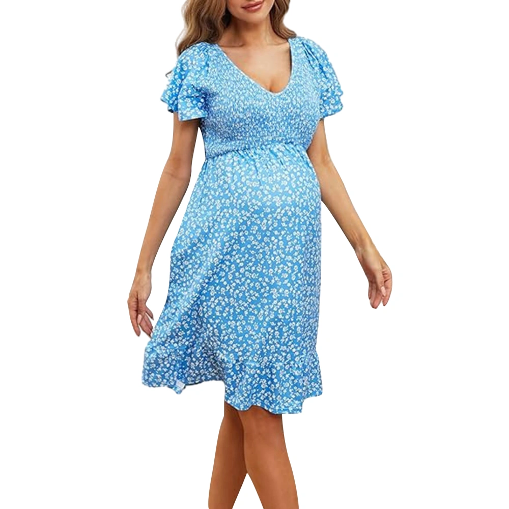 Women Maternity Dress, Short Sleeve V Neck Floral Midi Dress