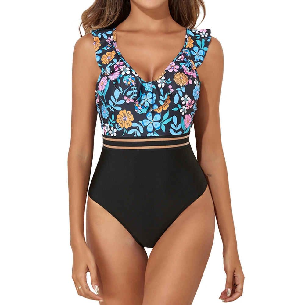 Women Monokini Bathing Suit Floral Patchwork Sleeveless Swimsuits