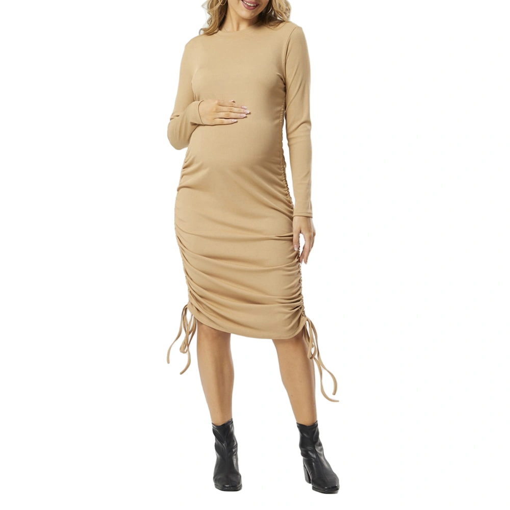 Pregnant Woman Dress Solid Color Long Sleeve Dress Round Neck Dress