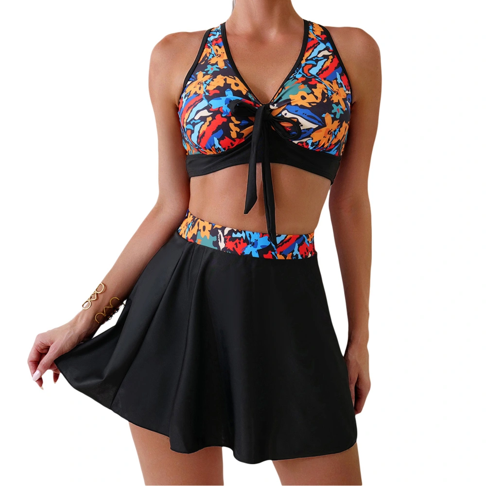 Women Bikini Suits Sleeveless Floral Bra High Waist Thong A-line Skirt