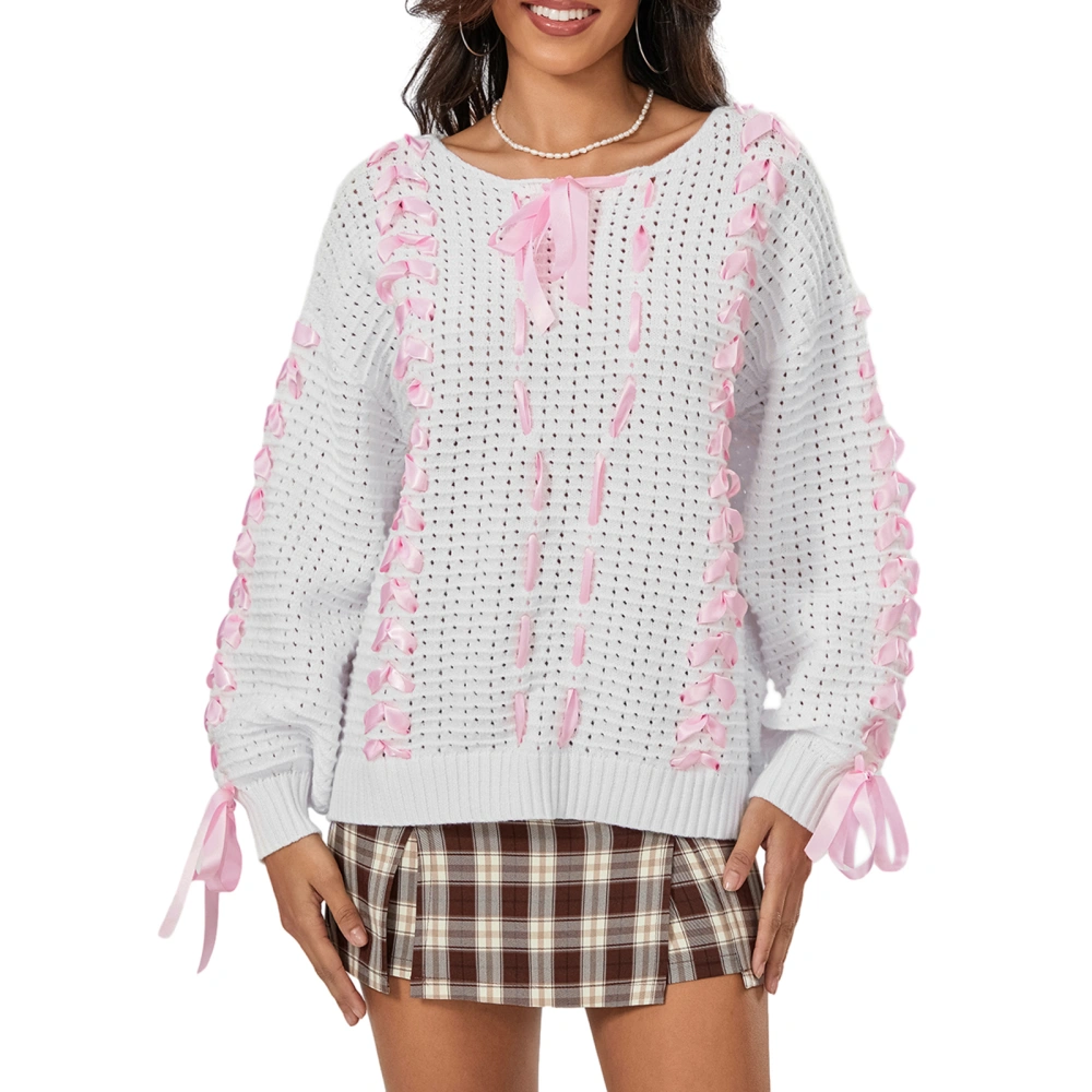 Women's Hollow Out Knit Sweaters Long Sleeve Cross Tie-up Pullovers