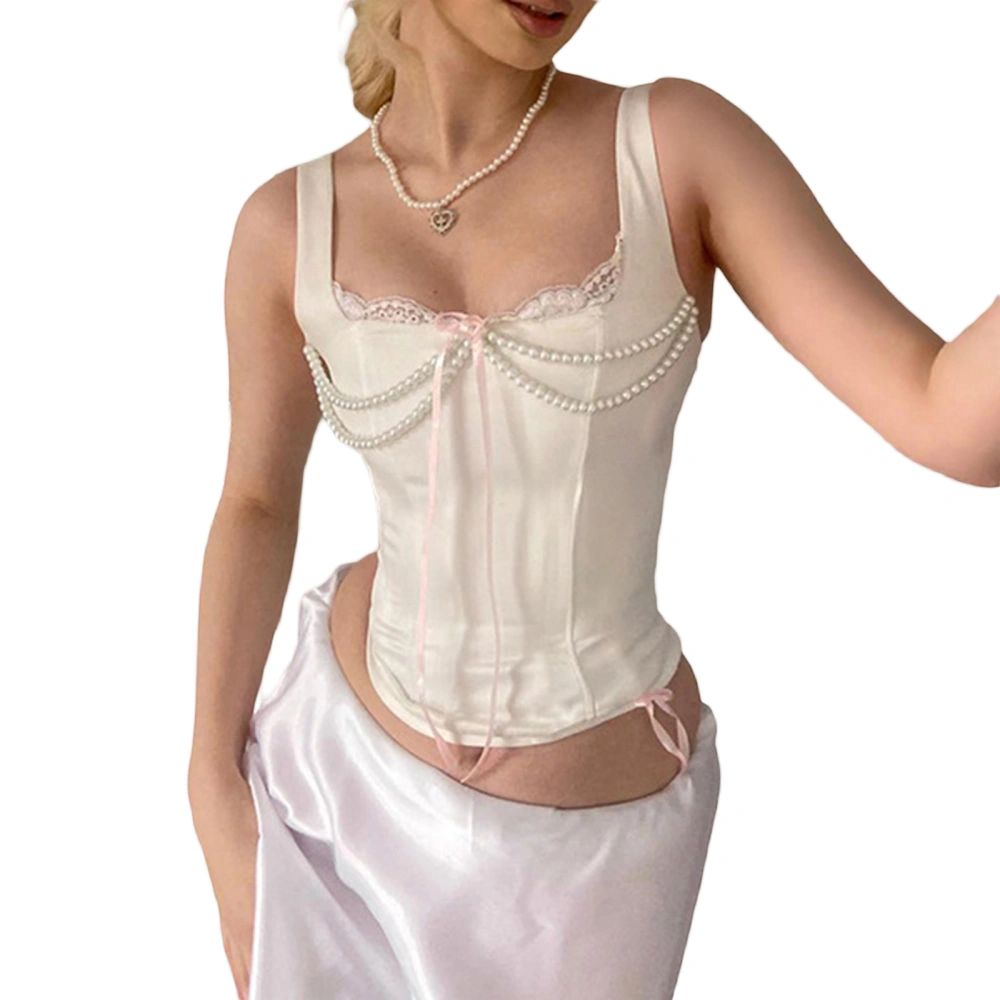 Women Camisole, Sleeveless Tops Lace Trim Pearls Tie-up Vest