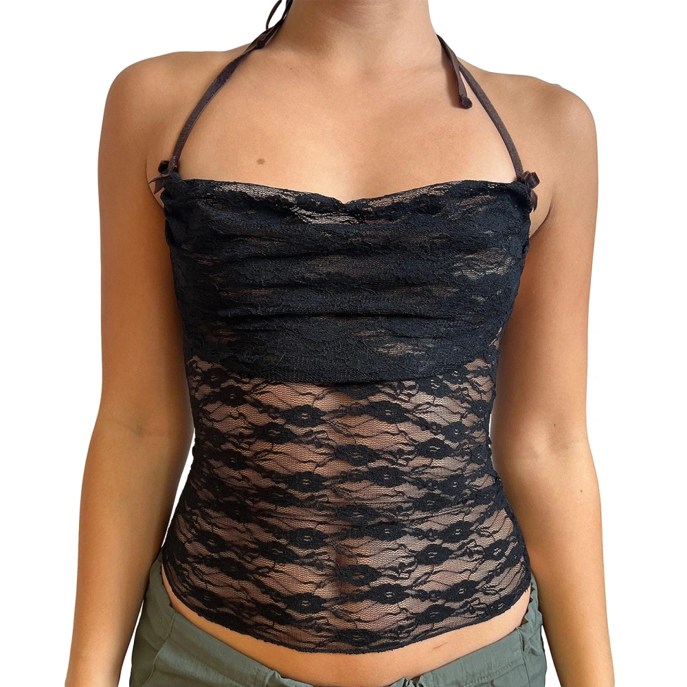 Women Halter Top Sleeveless Backless See-through Lace Summer Sheer Top