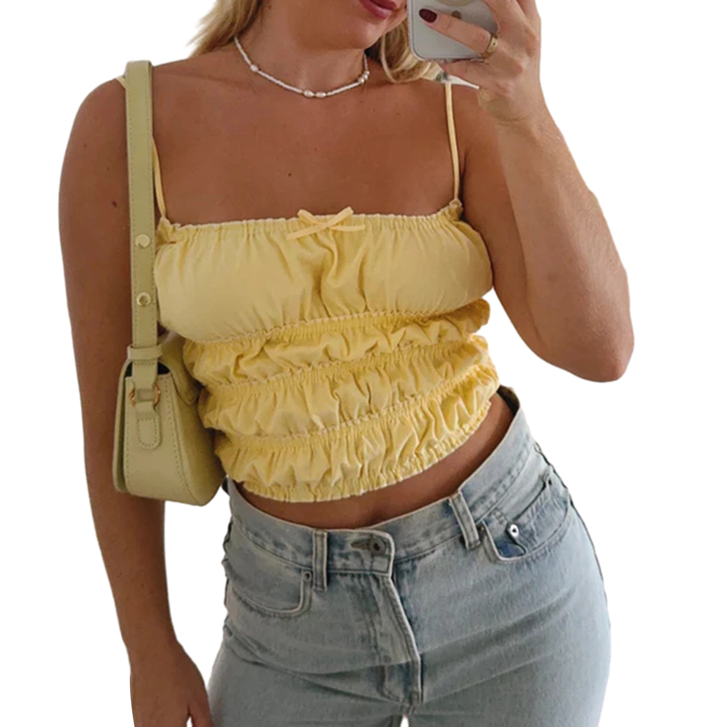 Women's Slim Cami Tops Solid Spaghetti Strap Frill Smocked Camisole 