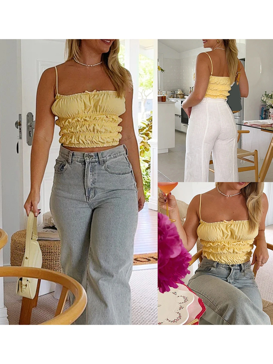Women's Slim Cami Tops Solid Spaghetti Strap Frill Smocked Camisole 