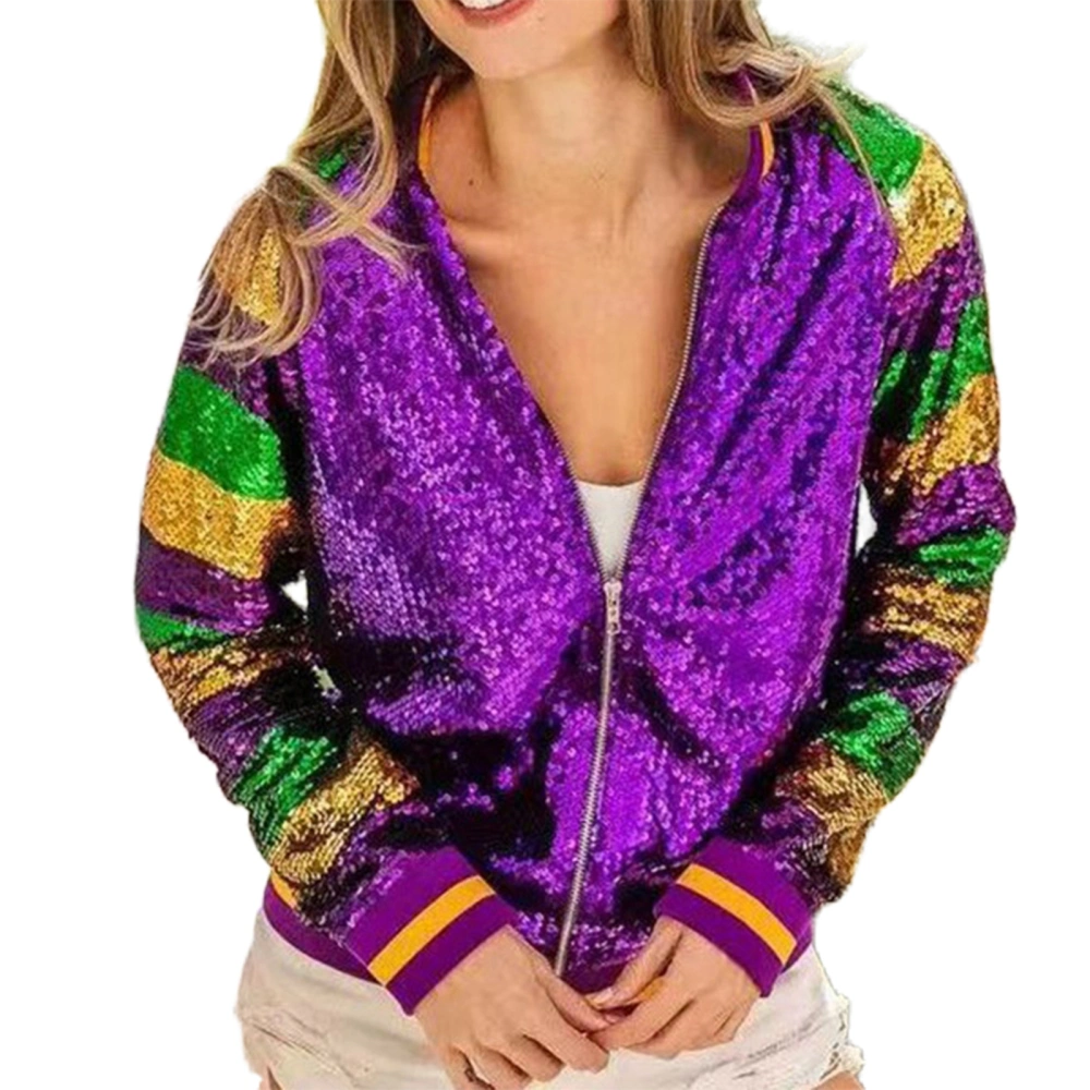 Women's Casual Loose Long Sleeve Zip Up Sparkle Baseball Sequin Jacket