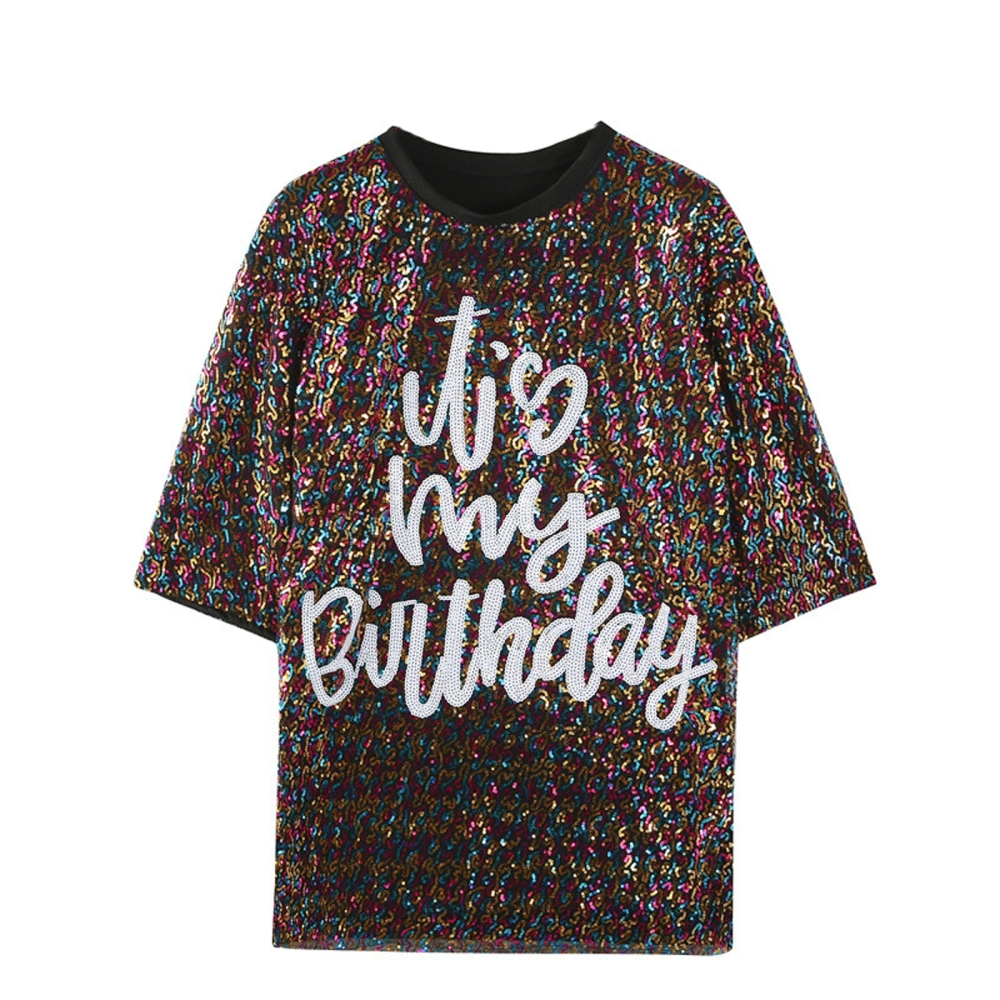 Women's Summer Loose Tops Short Sleeve Letter Shiny Sequin T-Shirt