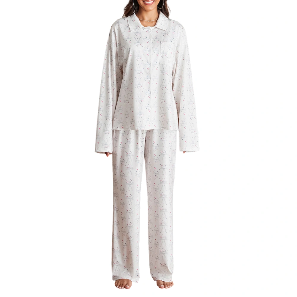 Women Pajama Set, Bow Print Long Sleeve Button Closure Tops Pants