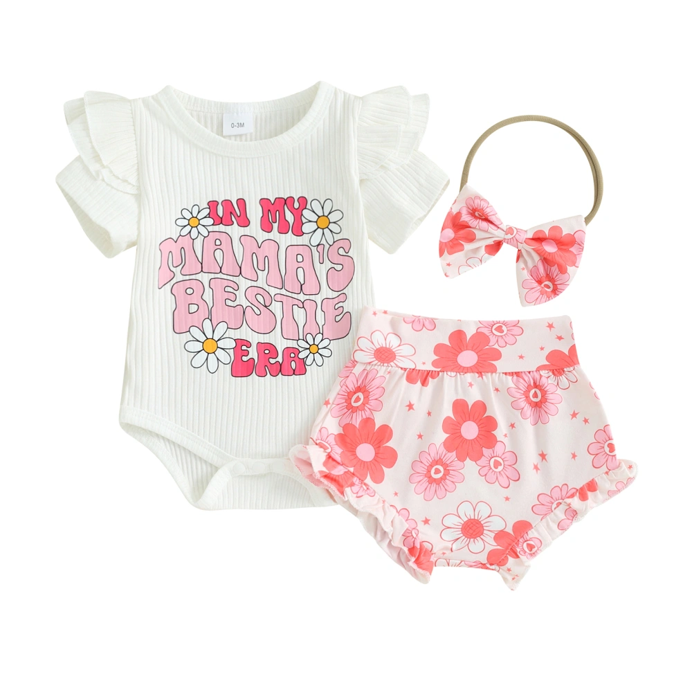 Baby Girls Shorts Set, Letters Print Romper Floral Shorts Hairband