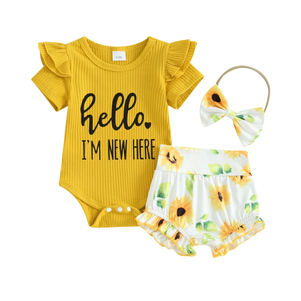 Baby Girl Outfits Letter Print Rompers Sunflower Shorts Headband