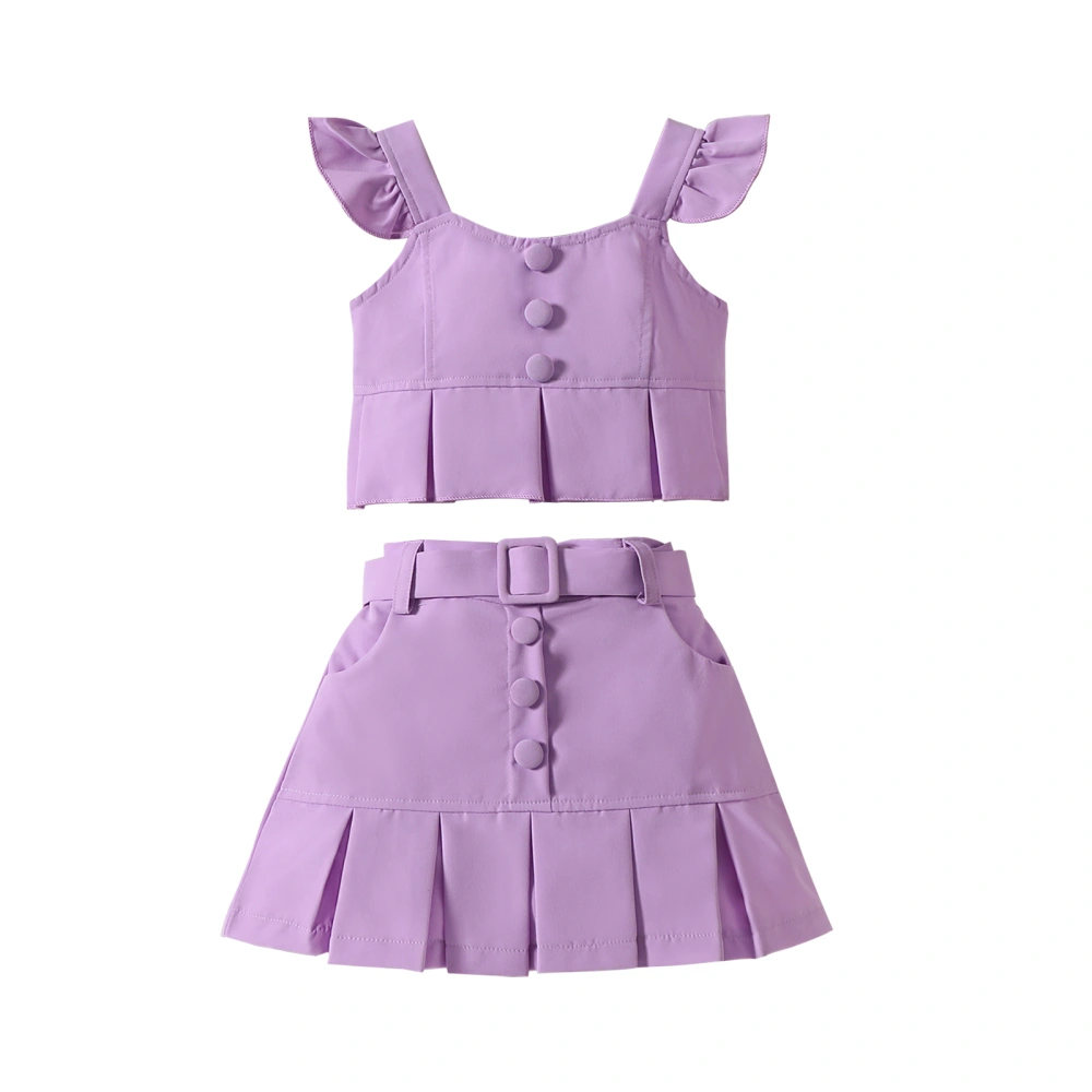 Little Girls Summer Set, Round Neck Fly Sleeve Tops + Skirt with Belt