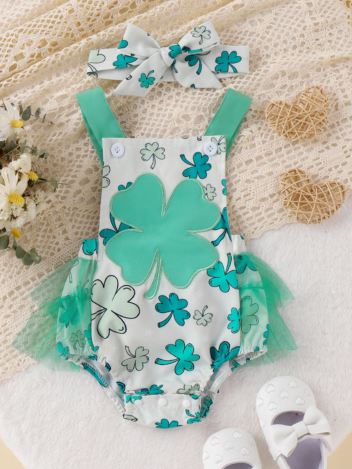 Baby Girls Romper Bodysuit and Headband Shamrock Print Clothes