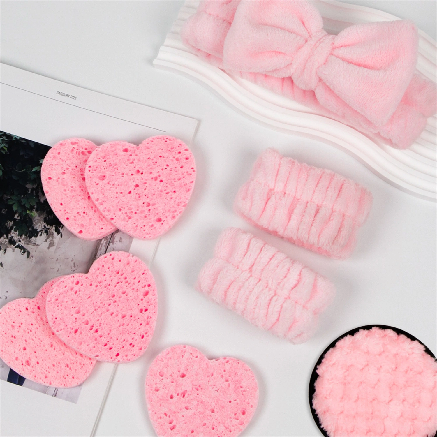 Spa Headband Set, Heart Face Washing Puff Wristband Makeup Remove Puff