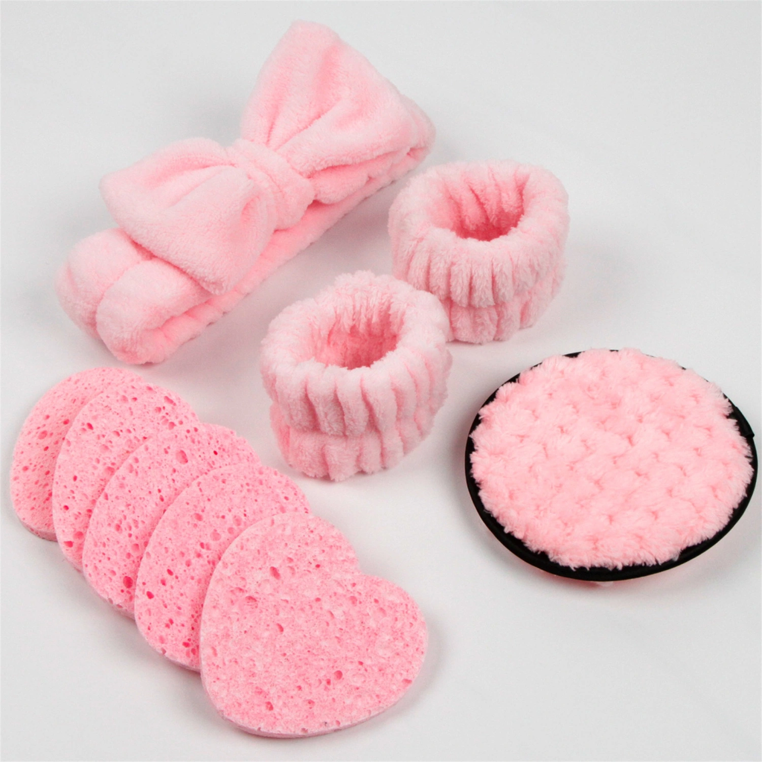 Spa Headband Set, Heart Face Washing Puff Wristband Makeup Remove Puff
