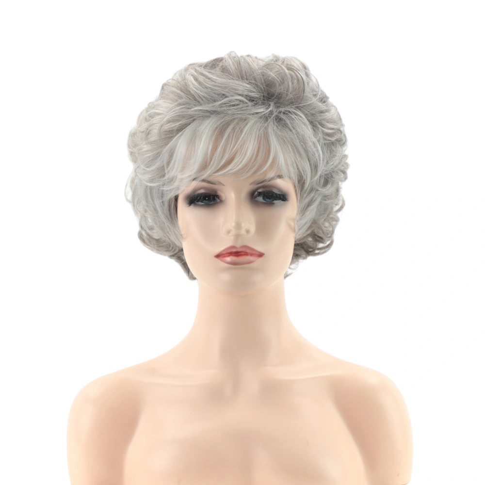 Women Short Hair Wigs, Silvery Gray Wavy Old Lady Hairpieces with Bang