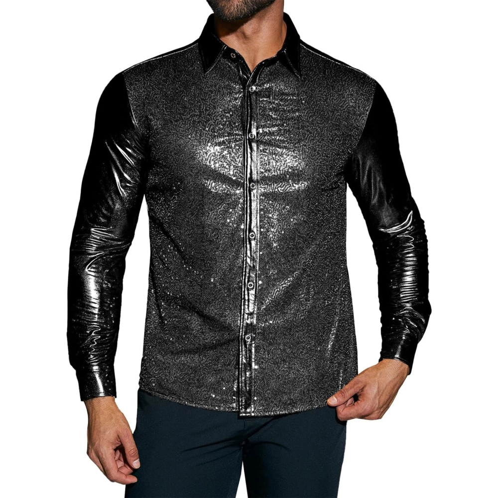 Men Button Down Glitter Shirts Long Sleeve Lapel Collar Sequin Shirts