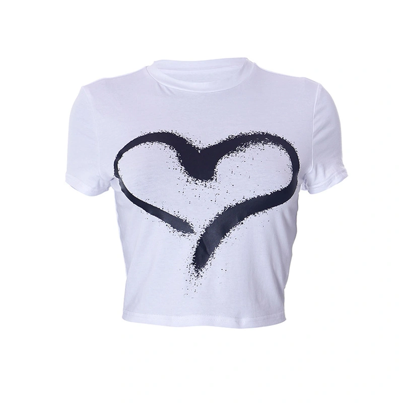 Women's Crew Neck Cropped Tops Cute Heart Print Short Sleeve Baby Tees