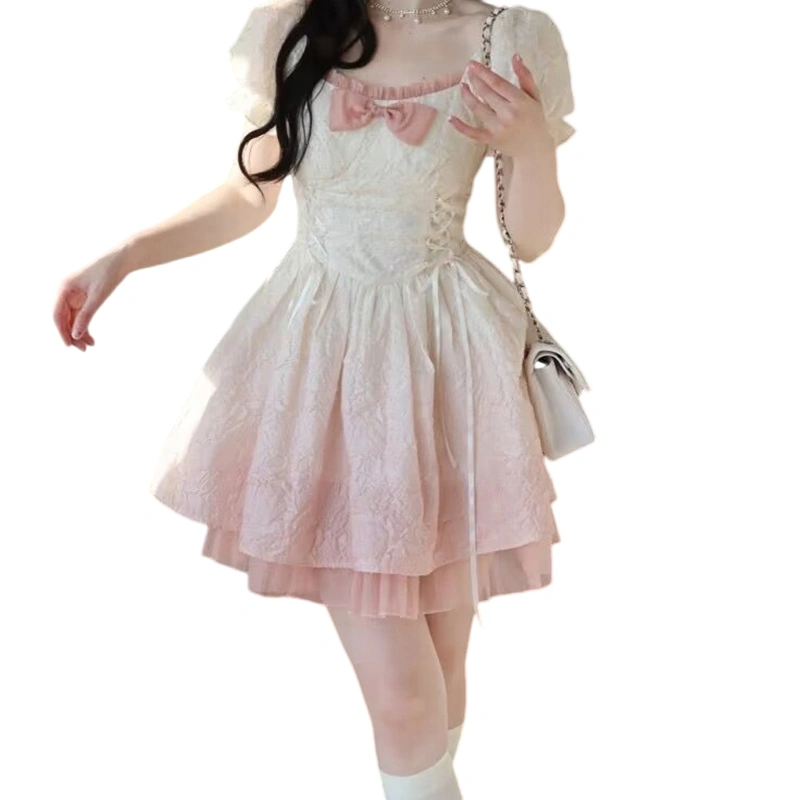 Women Mini Dress, Short Sleeve Bow Gradient Color A-line Dress