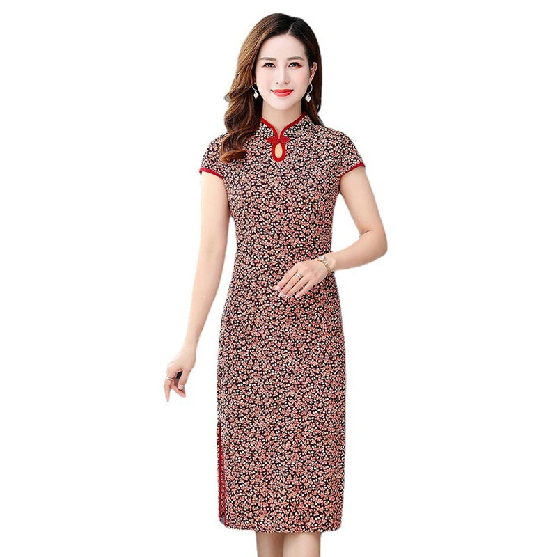 Women's Cheongsam Dress Short Sleeve Stand Collar Floral Mini Dress