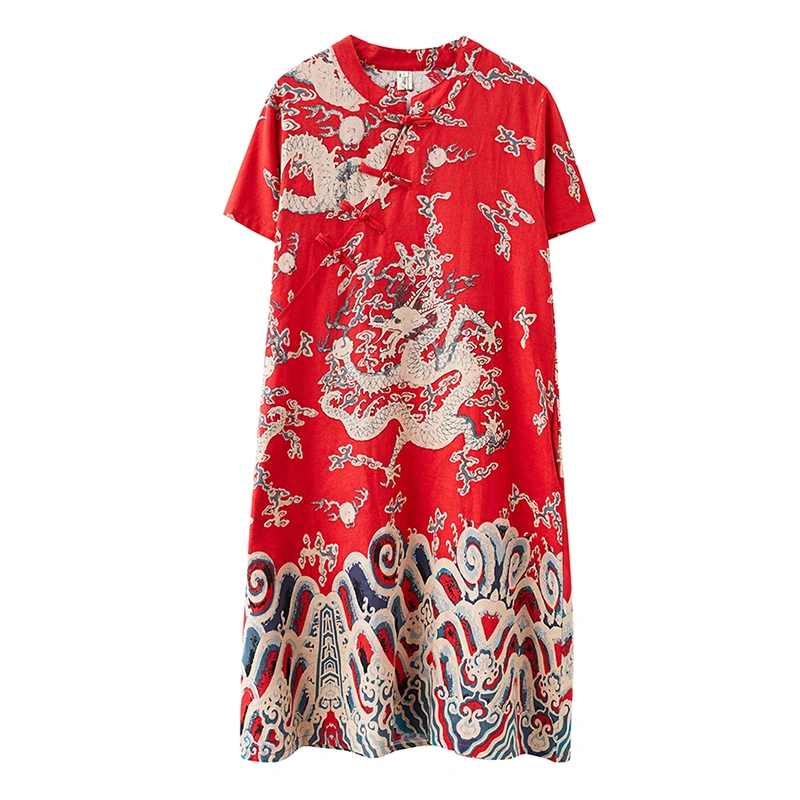 Women's Loose Fit Short Sleeve Dragon Print Keen Length Chinese Dress 