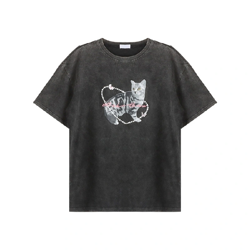 Women Men Couples T-Shirts Cat Print Distressed Vintage Shirts