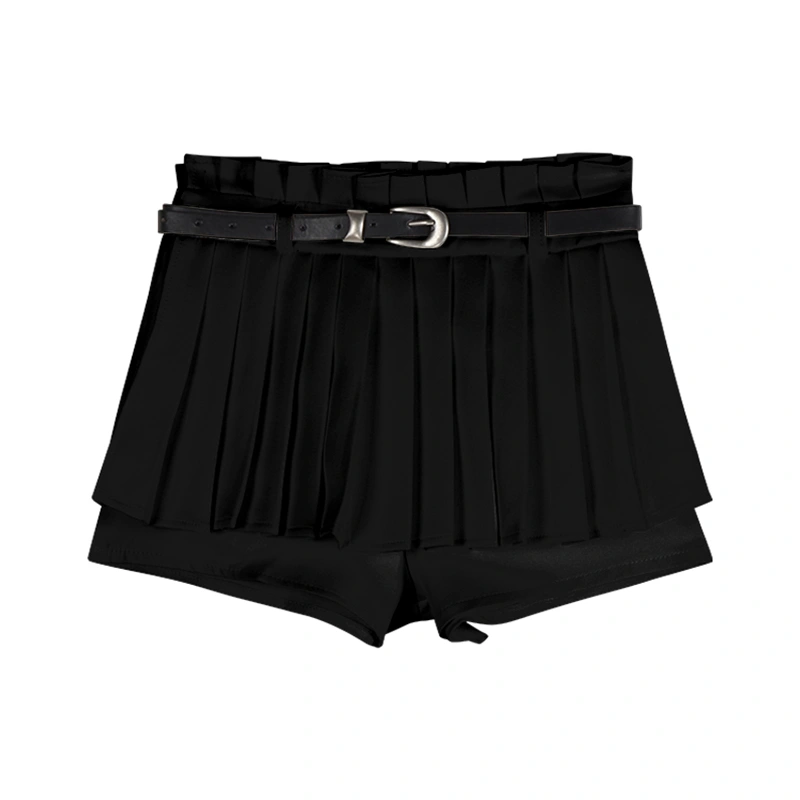 Women Pleated Skorts, Solid Patchwork Summer Shorts with Belt