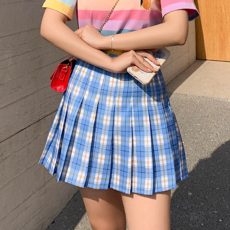 Women's Short Skirt Plaid Print High Waist Pleated A-Line Skirt 