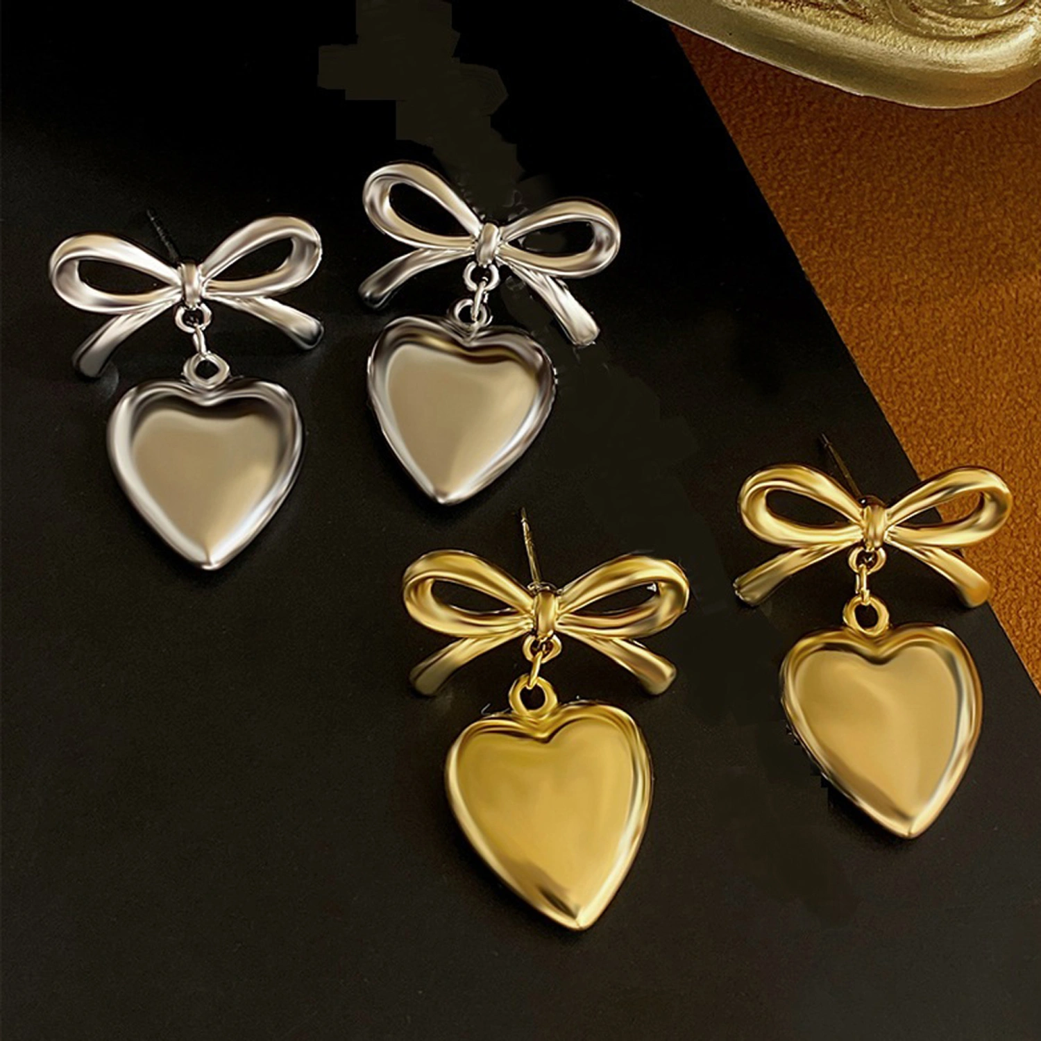 Heart Earrings for Women Cute Silver Gold Bowknot Heart Drop Earrings