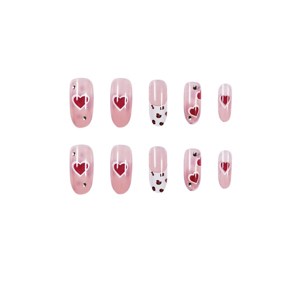 Press on Nails Nude Fake Nails for Women with Cow & Heart Design