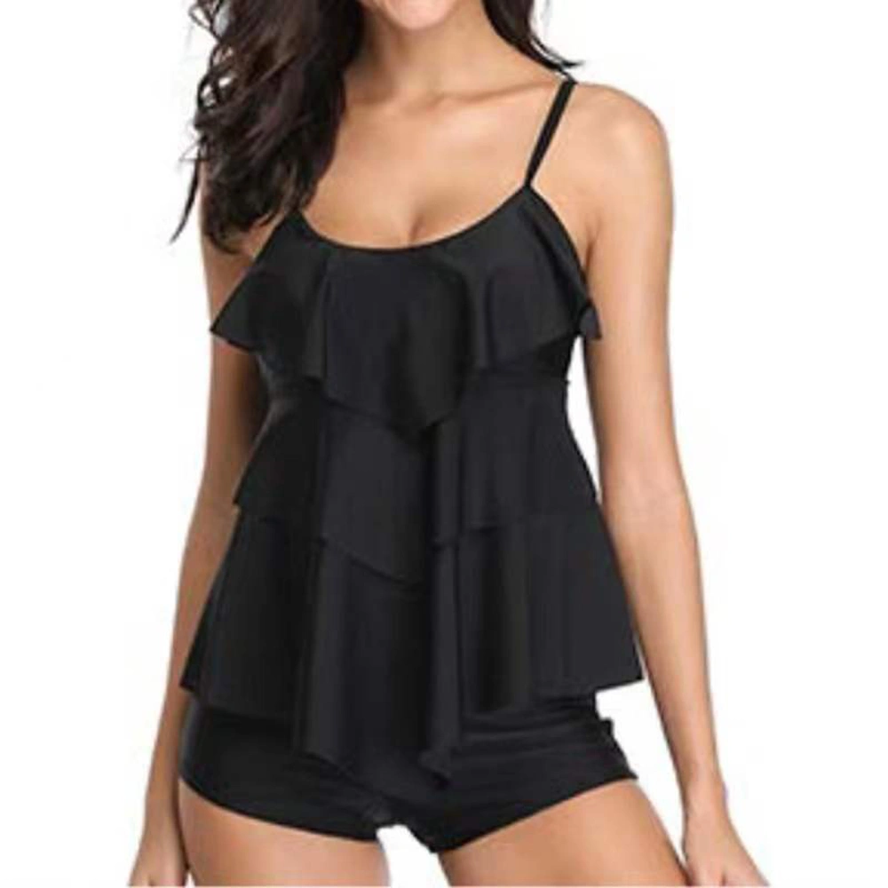 Women Bikini Suits Sleeveless Ruffle Cami Vest Solid Color Shorts