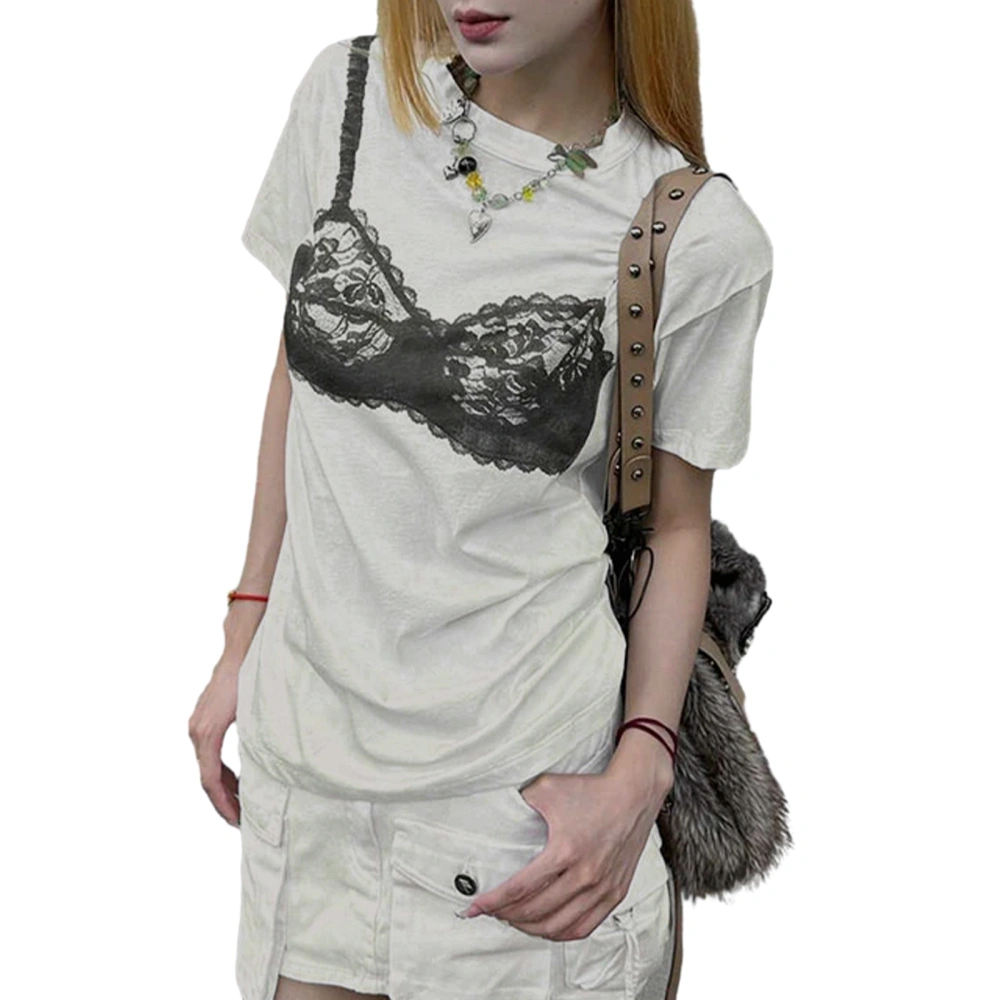 Women's Summer Loose Tops Lace Bralette Print Short Sleeve T-Shirts