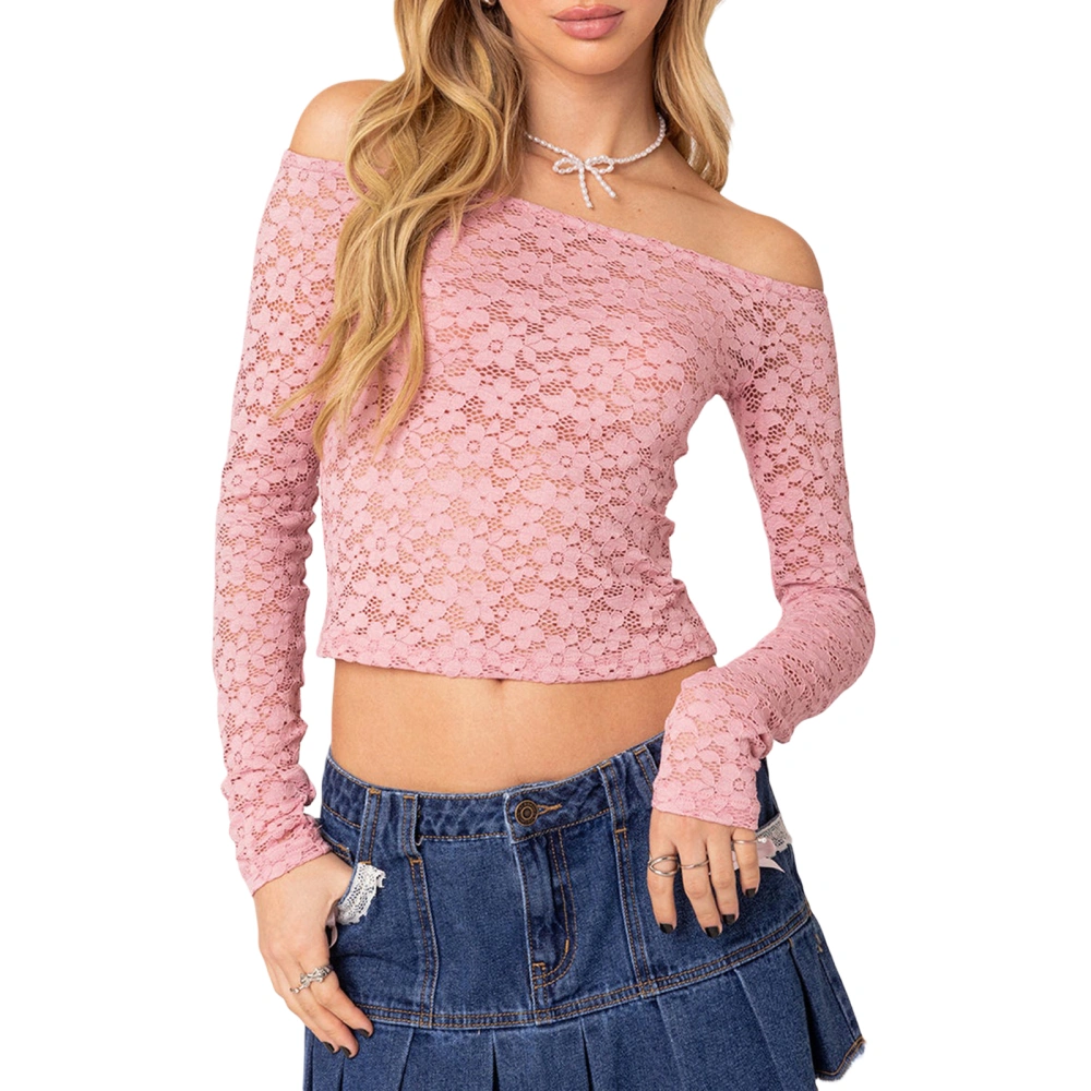 Women’s Sheer Lace Crop Tops Off Shoulder Long Sleeve T-Shirts