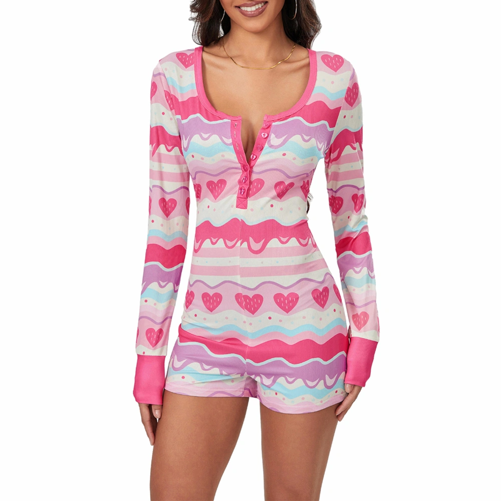 Women's Long Sleeve Strawberry Print Fitted Jumpsuit Sleepwear