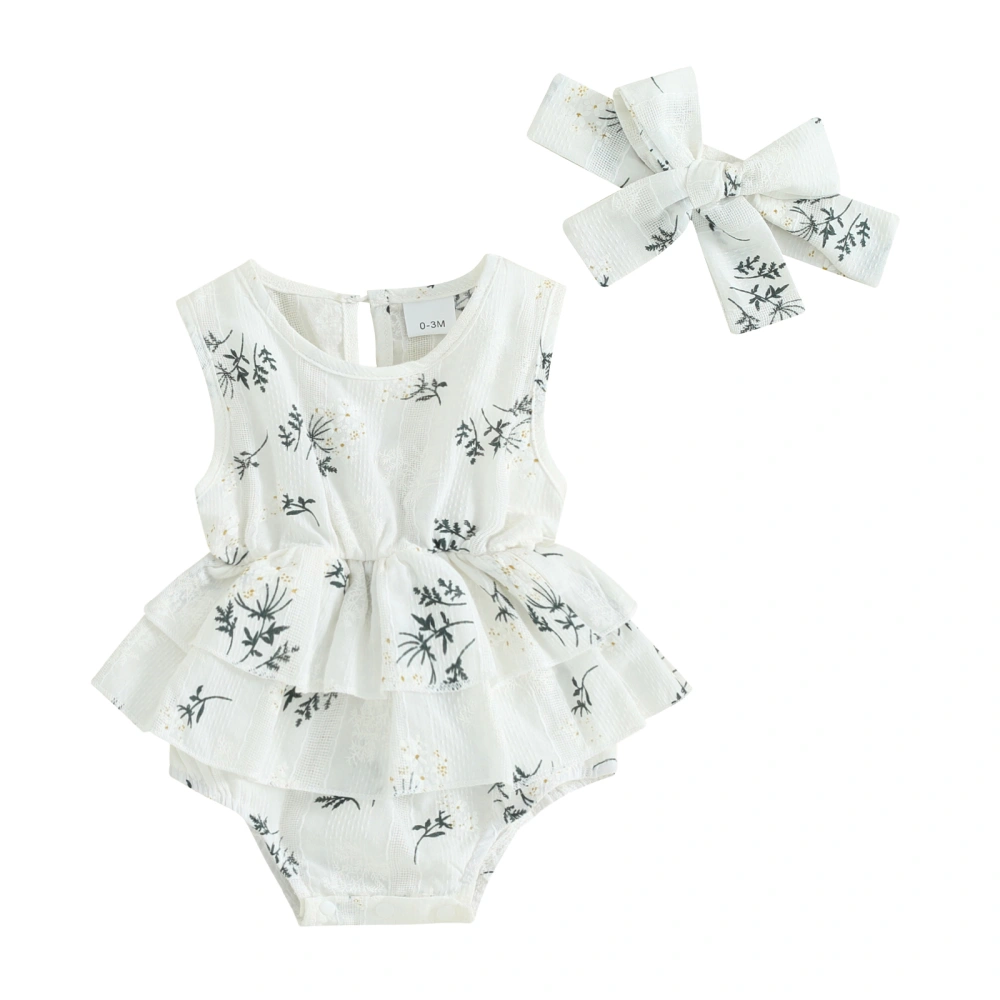 Infant Girl Sleeveless Romper Floral Round Neck Bodysuit Headband 