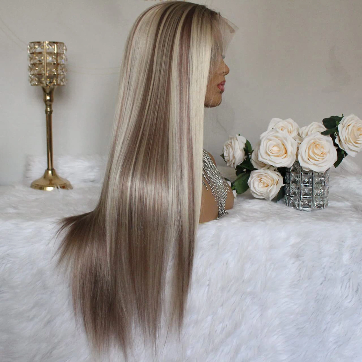 Women Girls Synthetic Fiber Wig Long Straigh Gradient Color Wig
