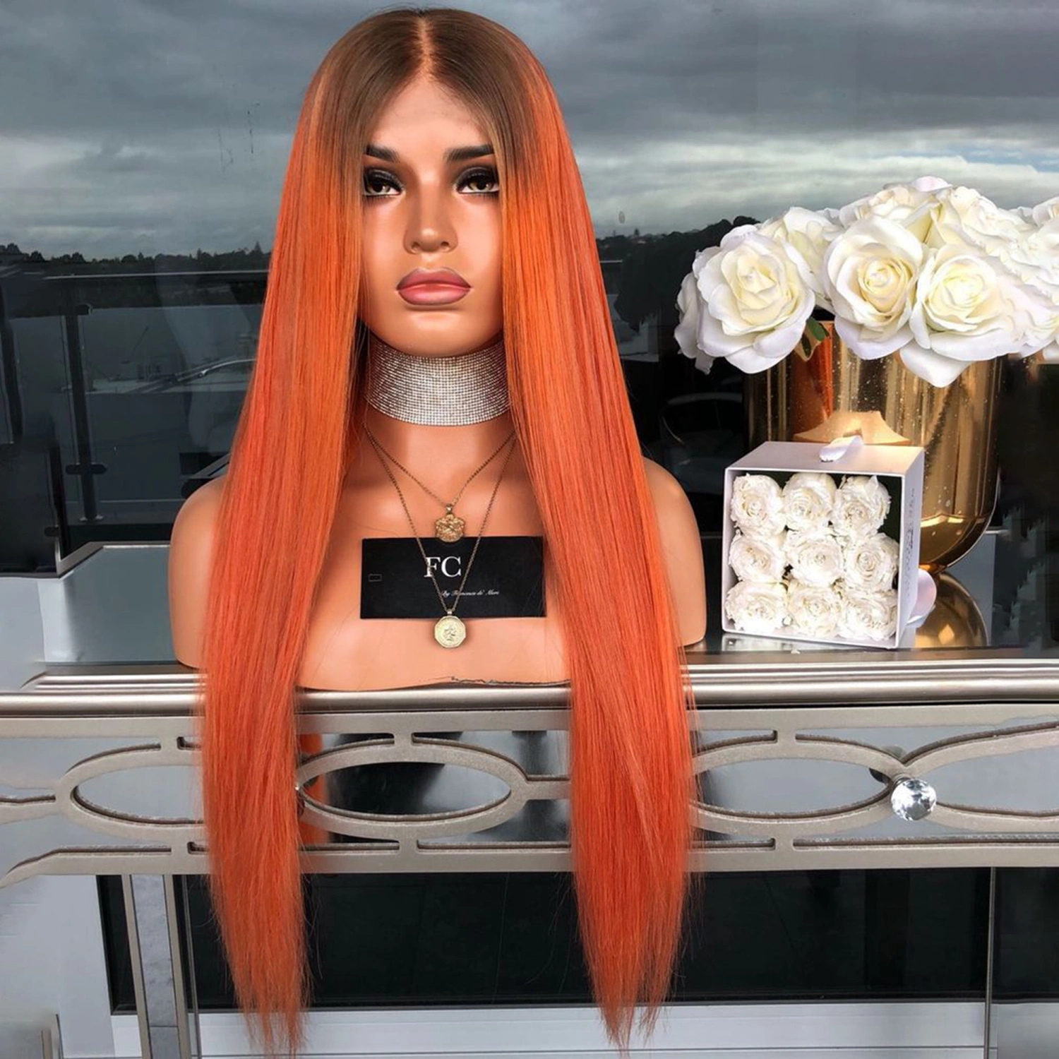 Women Synthetic Fiber Wig Long Straight Centre Parting Gradient Wig