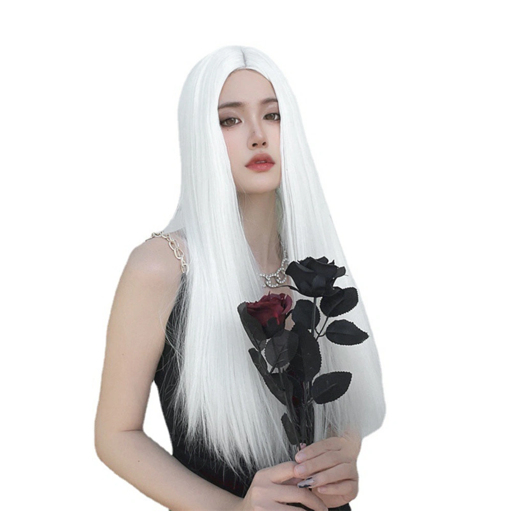 Women Long Straight Wig, White Middle Part Cosplay Hair Extensions