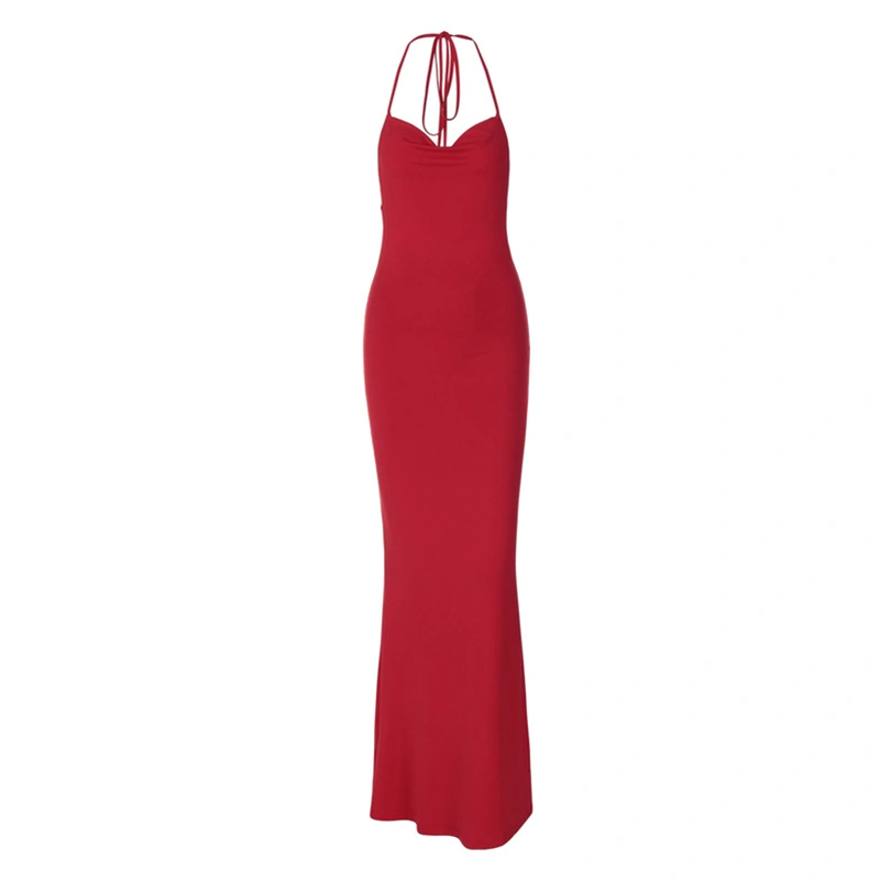 Women Long Evening Dress Sleeveless Backless Halter Neck Dress