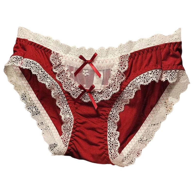 Women’s Lace Trim Panties Low Waist Bow Front Mesh Patchwork Briefs