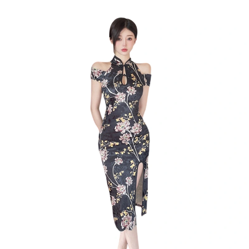 Women's Cheongsam Long Dress Flower Cold Shoulder Sleeveless Dress