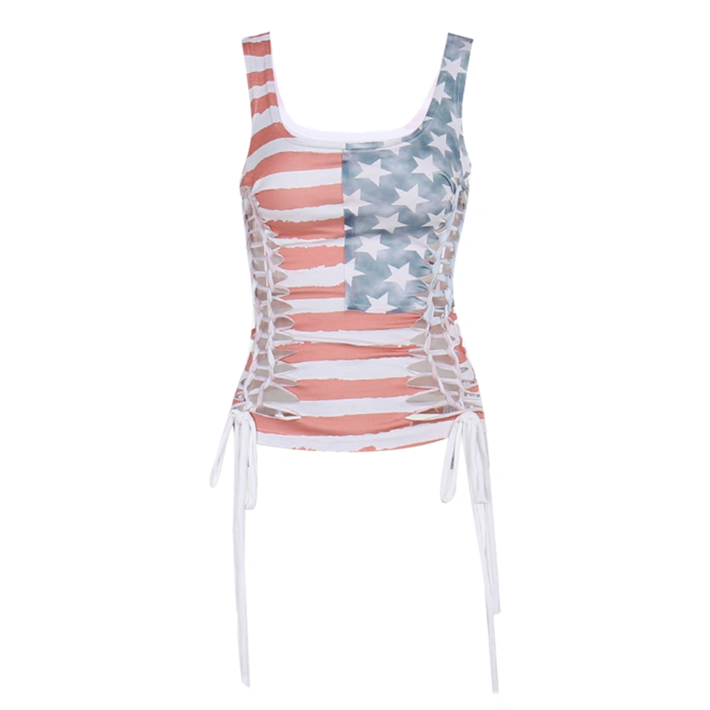 Women Tank Top, Sleeveless U-neck Stars Stripes Hollowed Tie-up Vest