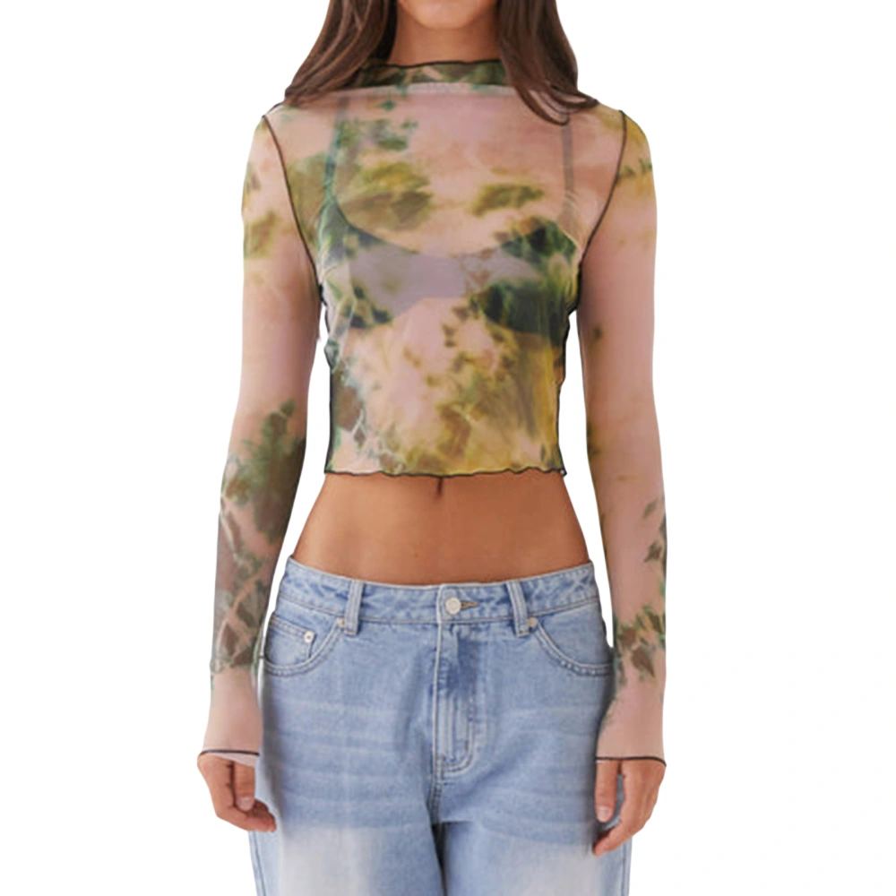 Women Mesh Crop Tops Tie-Dye Print Sheer Long Sleeve Shirt Pullover