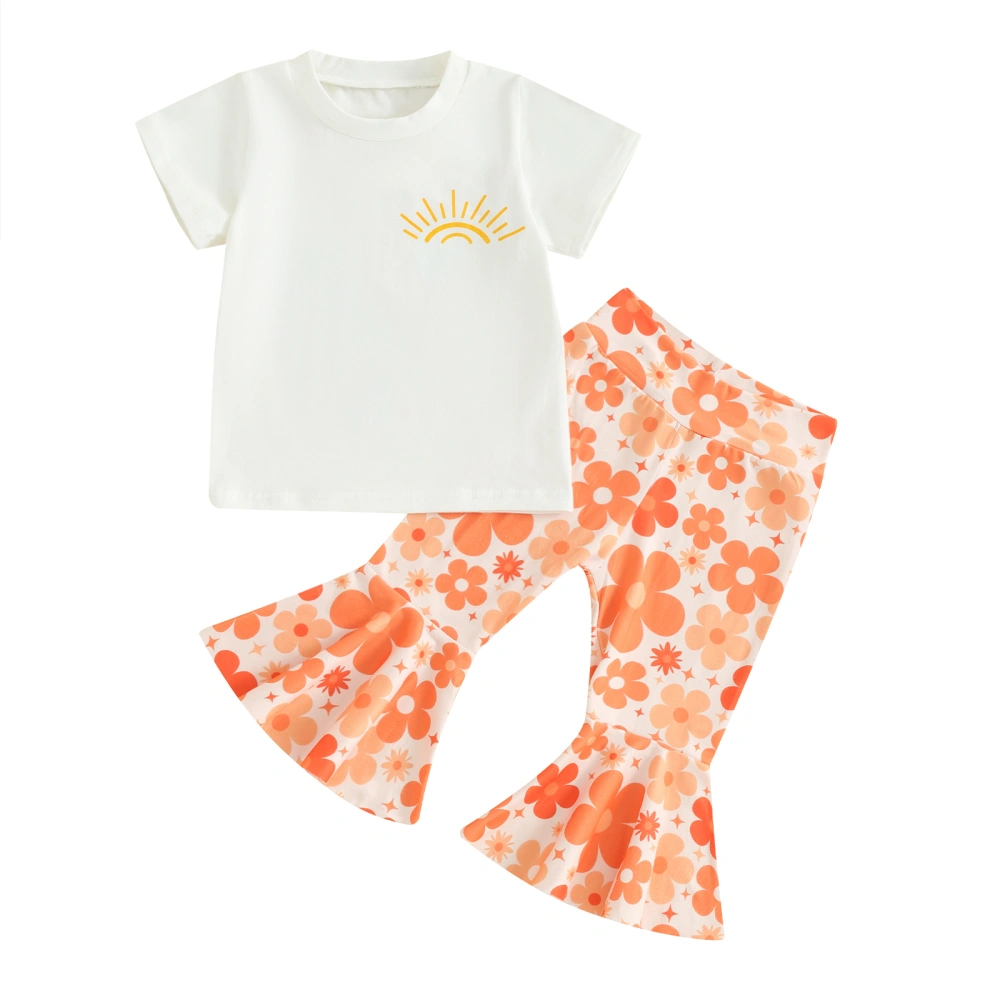 Girls Summer 2 Piece Outfits, Short Sleeve Tops + Flower Flare Pants 