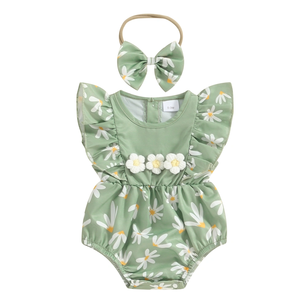 Baby Girl Summer Jumpsuit Daisy Print Ruffles Romper and Headband Set