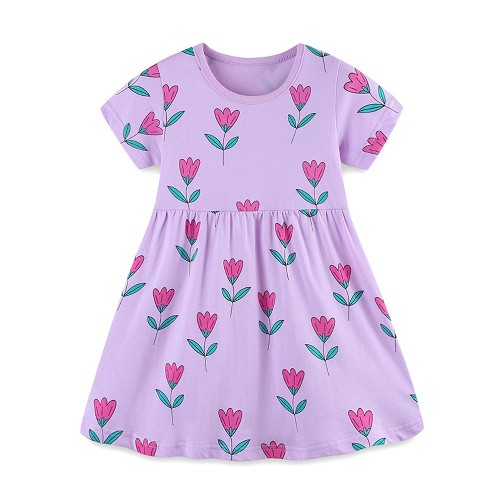 Kids Girls Dress Flower Print Round Neck Short Sleeve Casual Dress