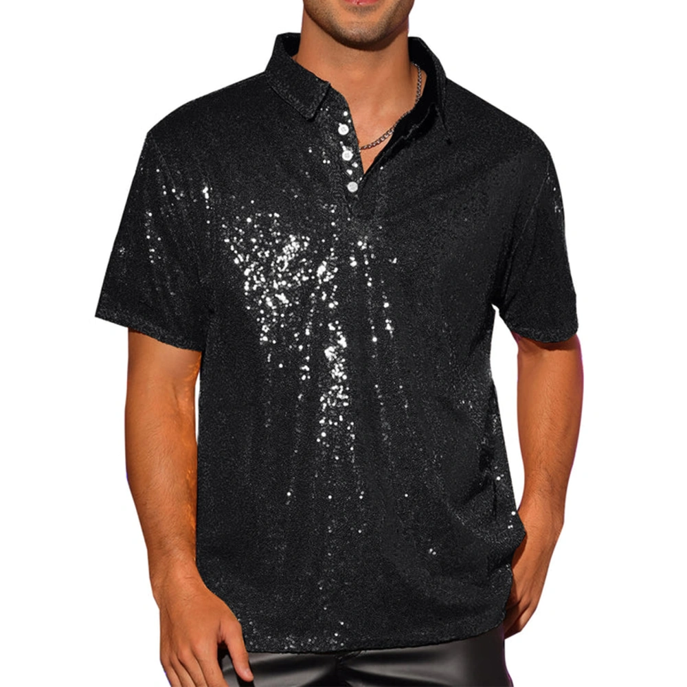 Men Sparkle Sequins Shirt Vintage Summer 1/4 Button Short Sleeve Tops