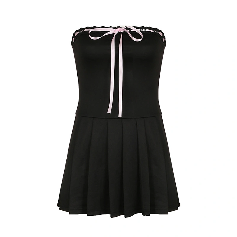 Women Mini Dress, Long Sleeve Square Neck Tie-up Pleated Dress